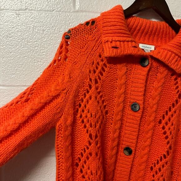 Sundance Cardigan Sweater Open Knit Cable Orange Wool Blend Size XS Boho Buttons - Picture 2 of 10